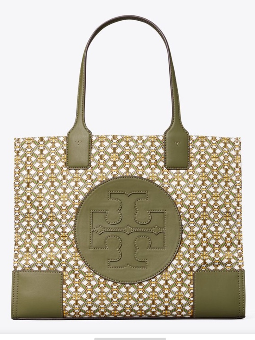 New Tory Burch Ella Printed Tote Bag Yellow Gemini Medallion Logo Leather Purse